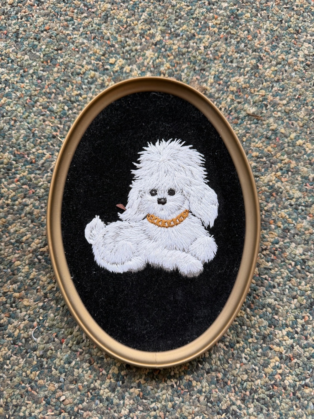 Vintage White Fluffy Dog Embroidered Wall Art
